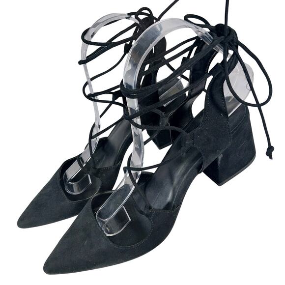 ZARA BASIC! BLACK GENUINE LEATHER CHUNKY HEEL POINTY, LACED ANKLE HEELS! SZ 8.5M - Picture 3 of 10